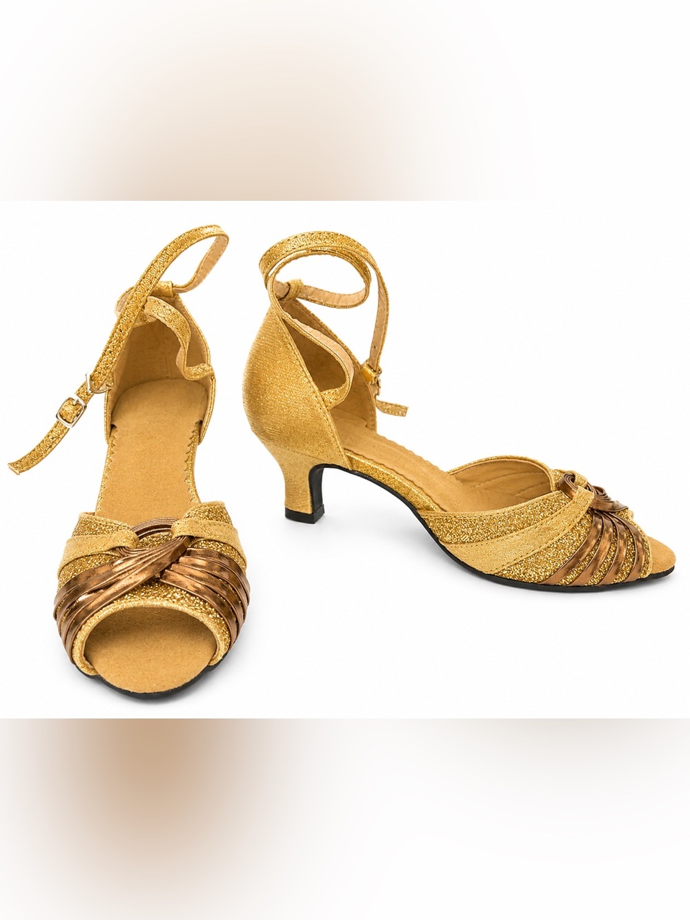 Super Comfortable Ballroom Latin Dance Gold Glitter shoes w Kitten Heels Size 38 - Picture 4 of 17